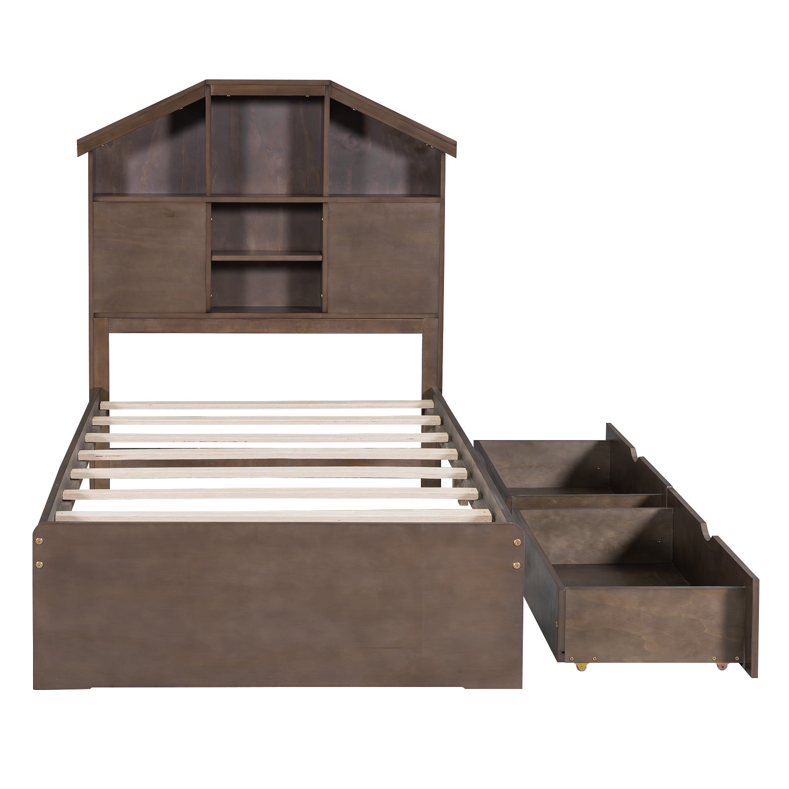 Twin Size Wood Platform Bed with House-shaped Storage Headboard and 2 Drawers, Walnut - Atlantic Fine Furniture Melbourne FL