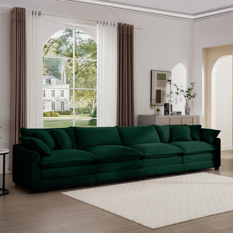Modern Upholstered 4 Seater Corduroy Fabric Sofa With Arm And Throw Pillows