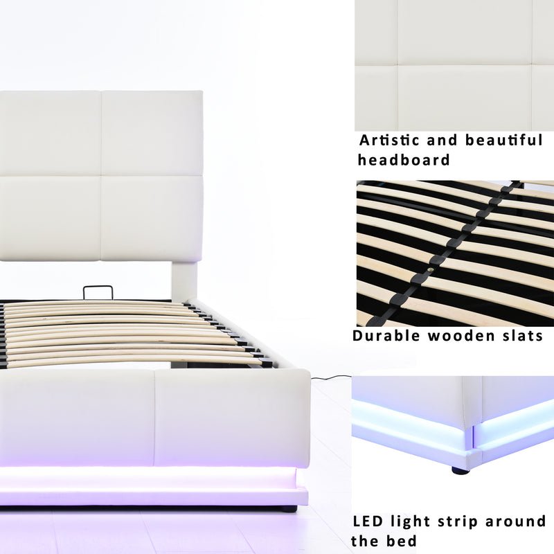 Tufted Upholstered Platform Bed with Hydraulic Storage System,Queen Size PU Storage Bed with LED Lights and USB charger, White