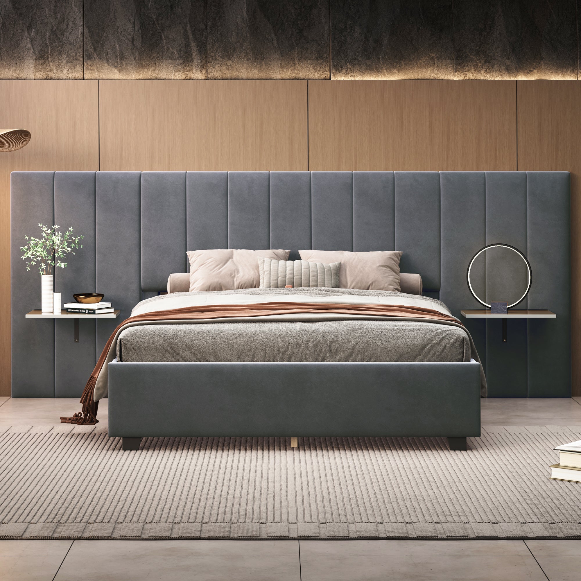 Queen Size Upholstered Platform Bed with Big Headboard, Bedroom Furniture, Velvet, Gray - Atlantic Fine Furniture Melbourne FL