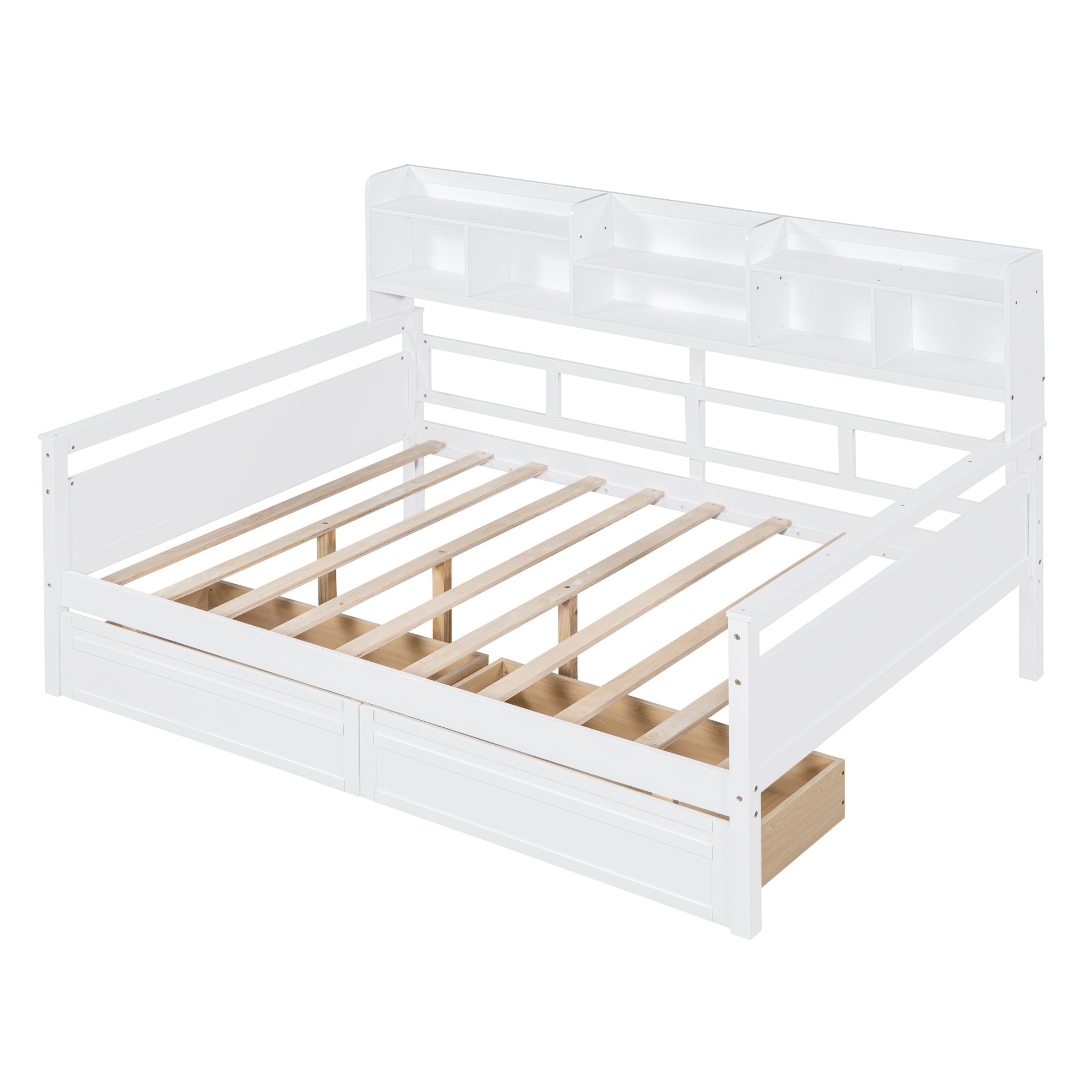 Full size Daybed, Wood Slat Support, with Bedside Shelf and Two Drawers, White - Atlantic Fine Furniture Melbourne FL