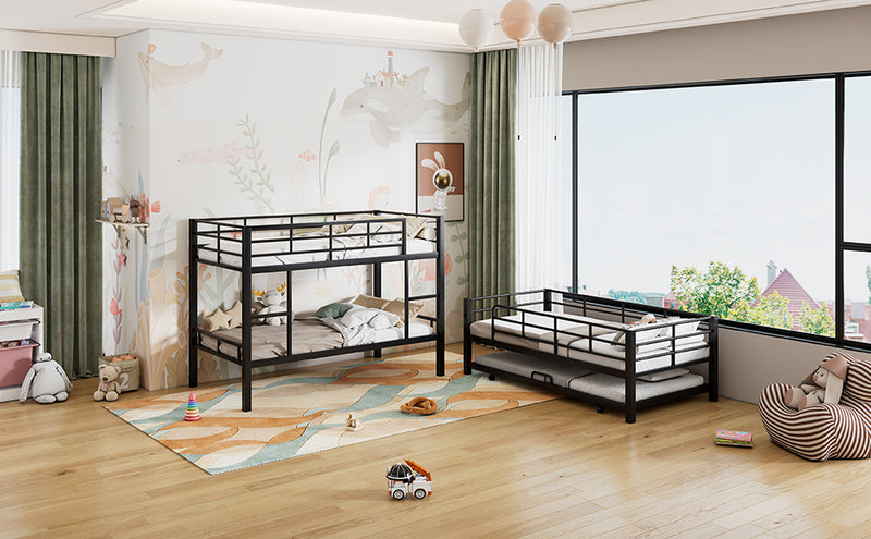 Metal Twin Size Triple Bunk Bed With Trundle, Black