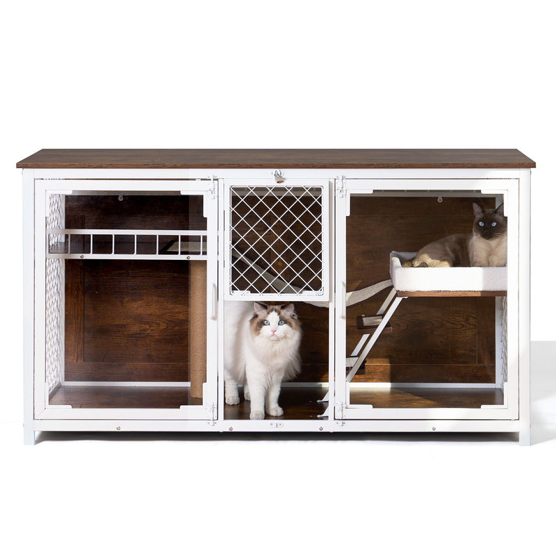 Wooden Cat House, Cat Villa, Cat Cages Indoor, TV Stand With Cat House - White / Vintage