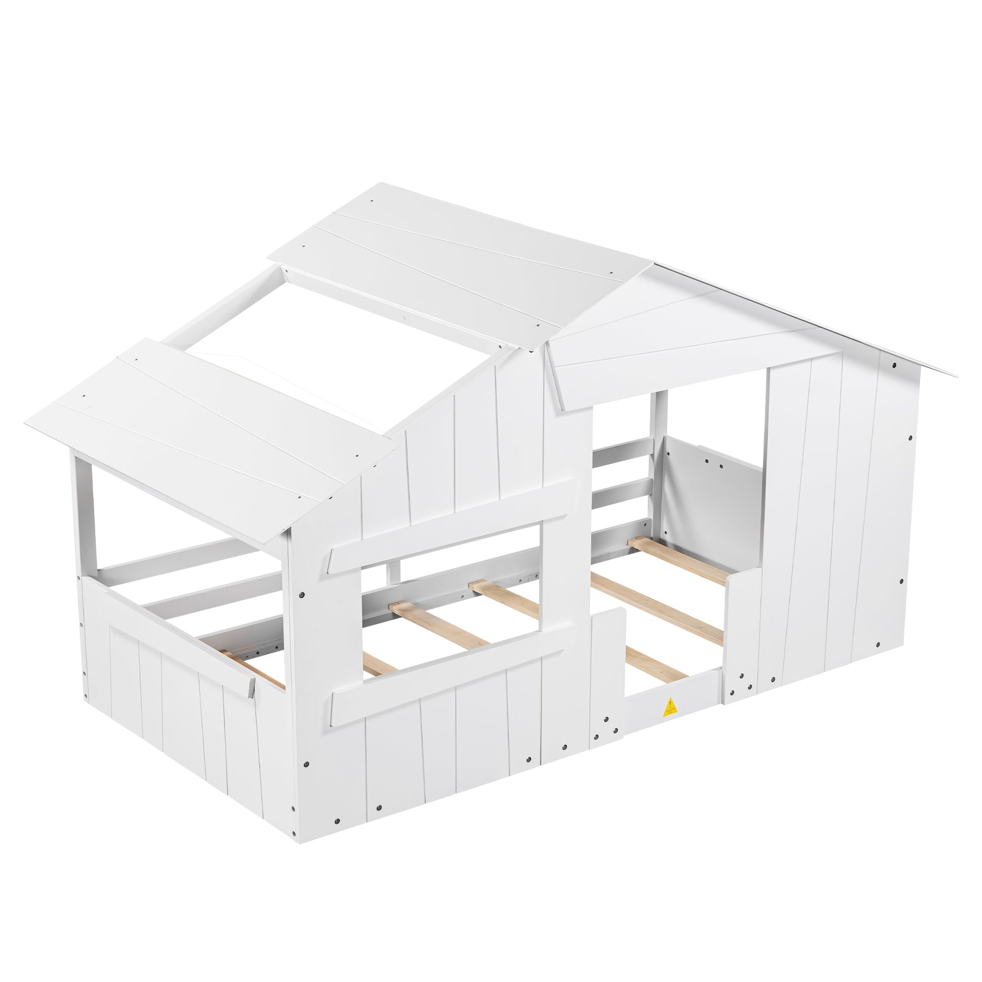 Wood Twin Size House Bed with Roof, Window and Guardrail, White - Atlantic Fine Furniture Melbourne FL