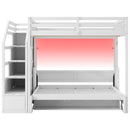 Full Long Loft Bed With Storage Staircase, Murphy Bed, LED Light - White