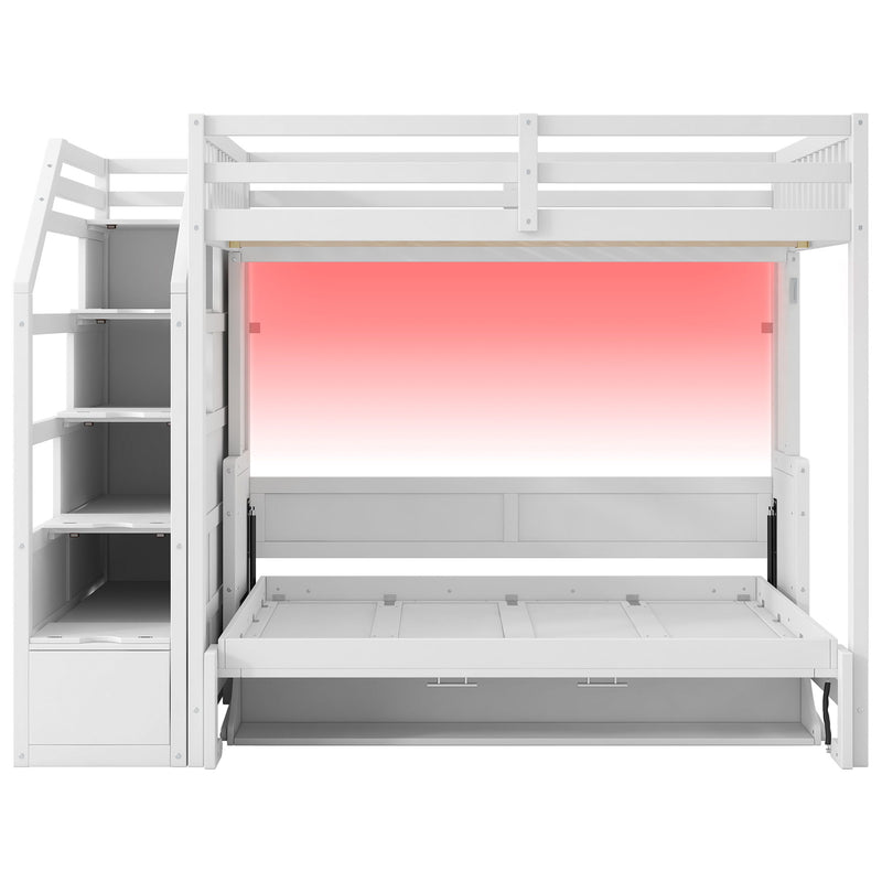 Full Long Loft Bed With Storage Staircase, Murphy Bed, LED Light - White
