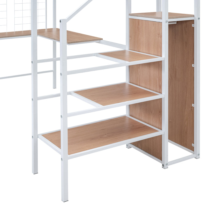 Twin Size Metal Loft Bed with Desk and Metal Grid, Stylish Metal Frame Bed with Lateral Storage Ladder and Wardrobe, White