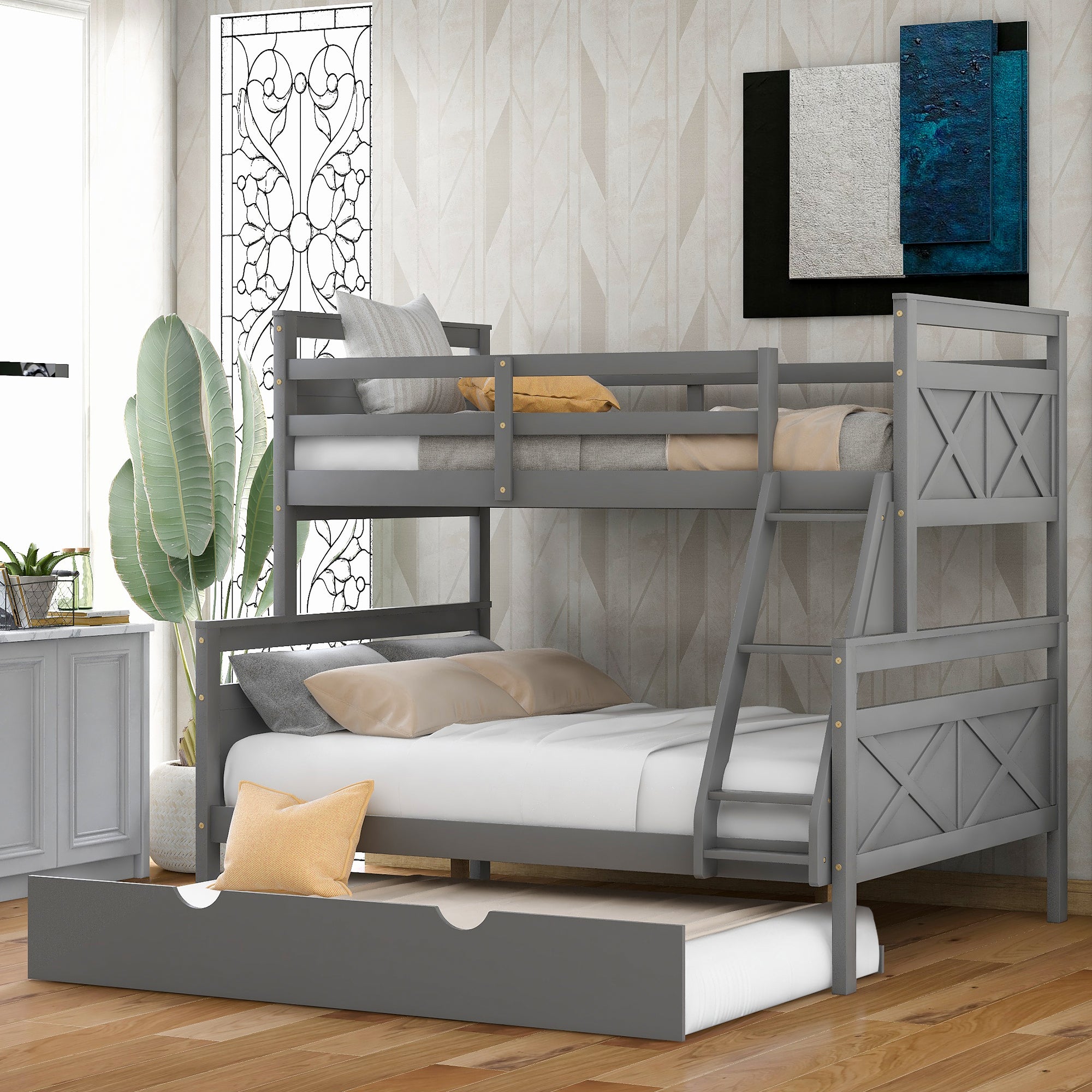 Twin over Full Bunk Bed with Ladder, Twin Size Trundle, Safety Guardrail, Gray - Atlantic Fine Furniture Melbourne FL