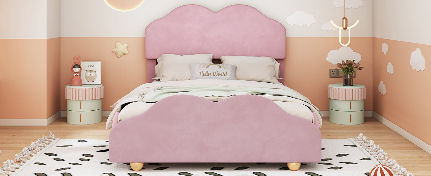 Full Size Upholstered Platform Bed with Cloud Shaped bed board, Light Pink - Atlantic Fine Furniture Melbourne FL
