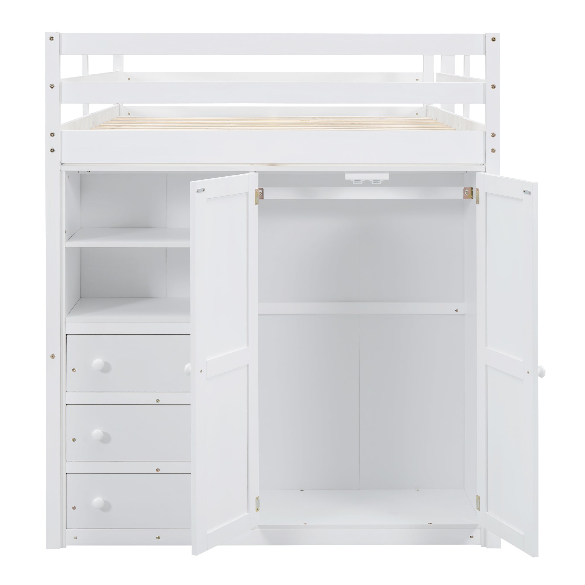 Wood Full Size Loft Bed with Built-in Wardrobe, Desk, Storage Shelves and Drawers, White - Atlantic Fine Furniture Melbourne FL
