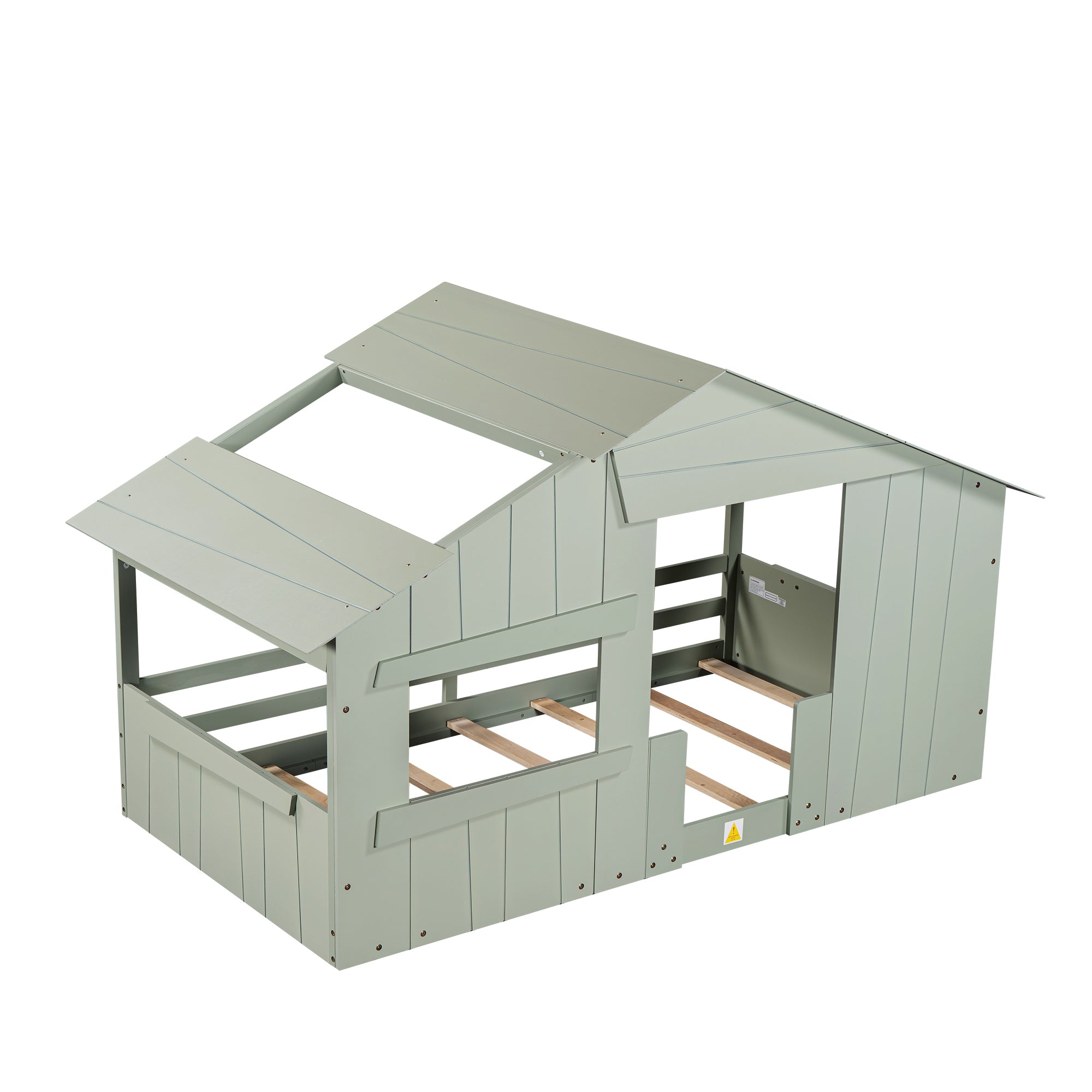 Wood Twin Size House Bed with Roof, Window and Guardrail, Light Green - Atlantic Fine Furniture Melbourne FL