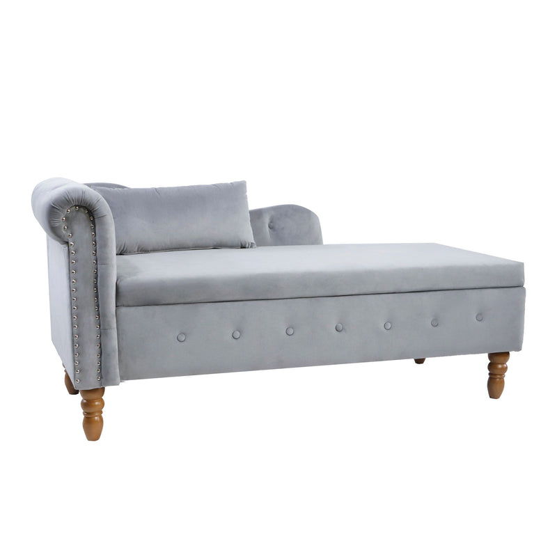 Chaise Lounge Indoor, Velvet Lounge Chair For Bedroom With Storage & Pillow, Modern Upholstered Rolled Arm Chase Lounge For Sleeping With Nailhead Trim For Living Room Bedroom Office