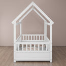 Twin Size Floor Wooden Bed with House Roof Frame, Fence Guardrails,White