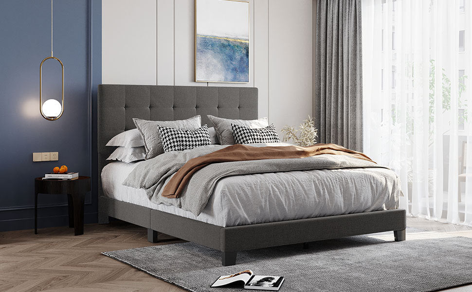 Upholstered Platform Bed with Tufted Headboard, Box Spring Needed, Gray Linen Fabric, Queen Size - Atlantic Fine Furniture Melbourne FL