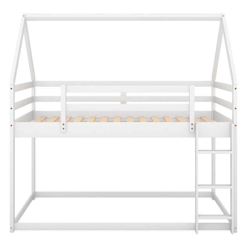 Twin Over Twin Low Bunk Bed, House Bed With Ladder - White