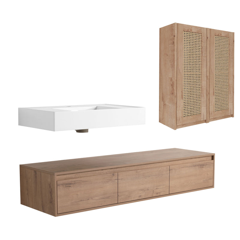 Modern Wall Mounted Bathroom Vanity With Resin Sink And 2 Side Cabinet, Imitative , Construction - Imitative Oak