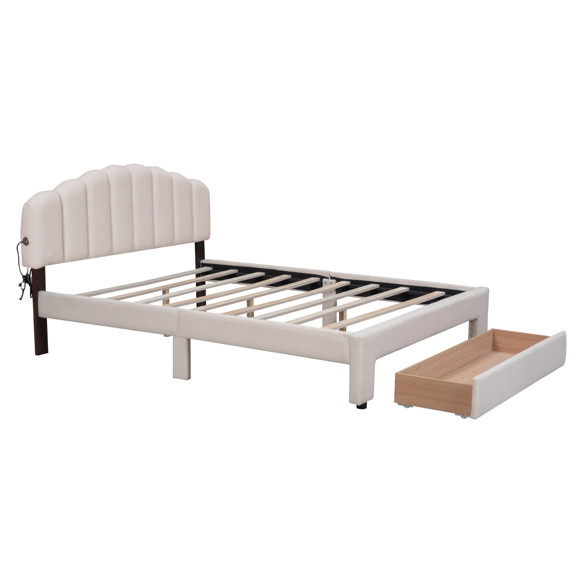 Teddy Fleece Queen Size Upholstered Platform Bed with Drawer, Beige - Atlantic Fine Furniture Melbourne FL
