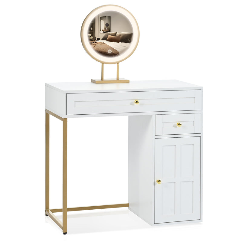 Makeup Vanity Desk With Lighted Mirror, Luxury Dressing Table With 2 Drawers And 1 Cabinet, 3 Lighting Modes Available For Bedroom - White / Gold