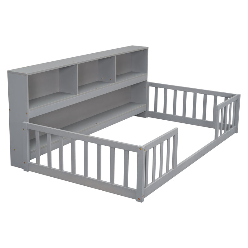 Floor Bed With Bedside Bookcase, Shelves, Guardrails