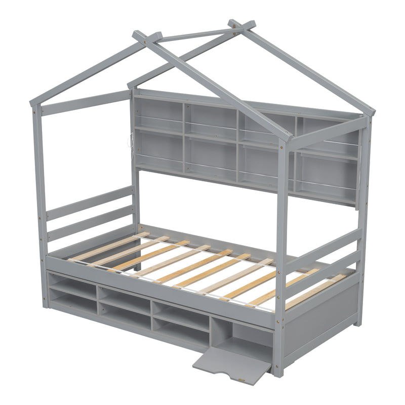 House Bed With Roof Frame, Bedside-Shelves, Under Bed Storage Unit