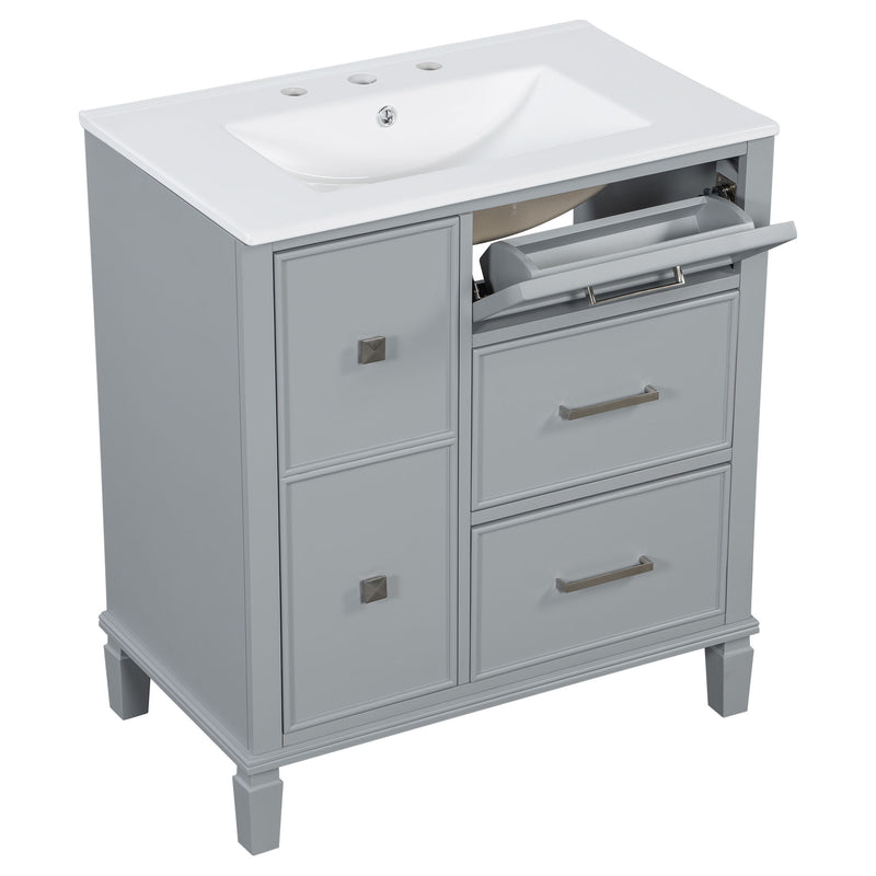 Bathroom Vanity With Ceramic Sink, Flip Out Drawer Design For Plumbing, Soft Close Drawers