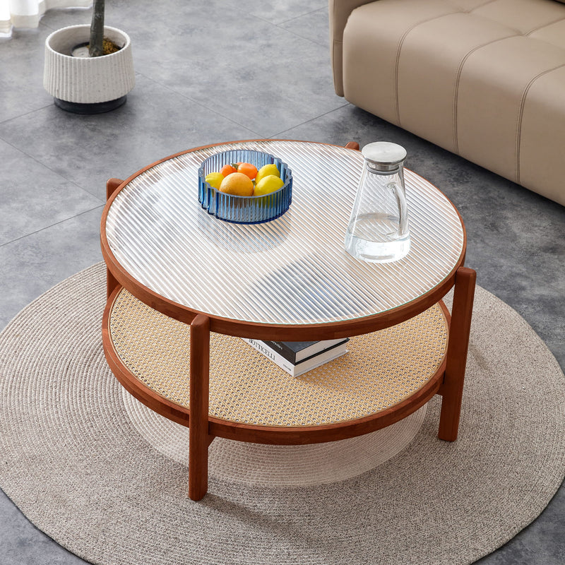 Modern Style Circular Double Layer Tea Table With Rattan Weave