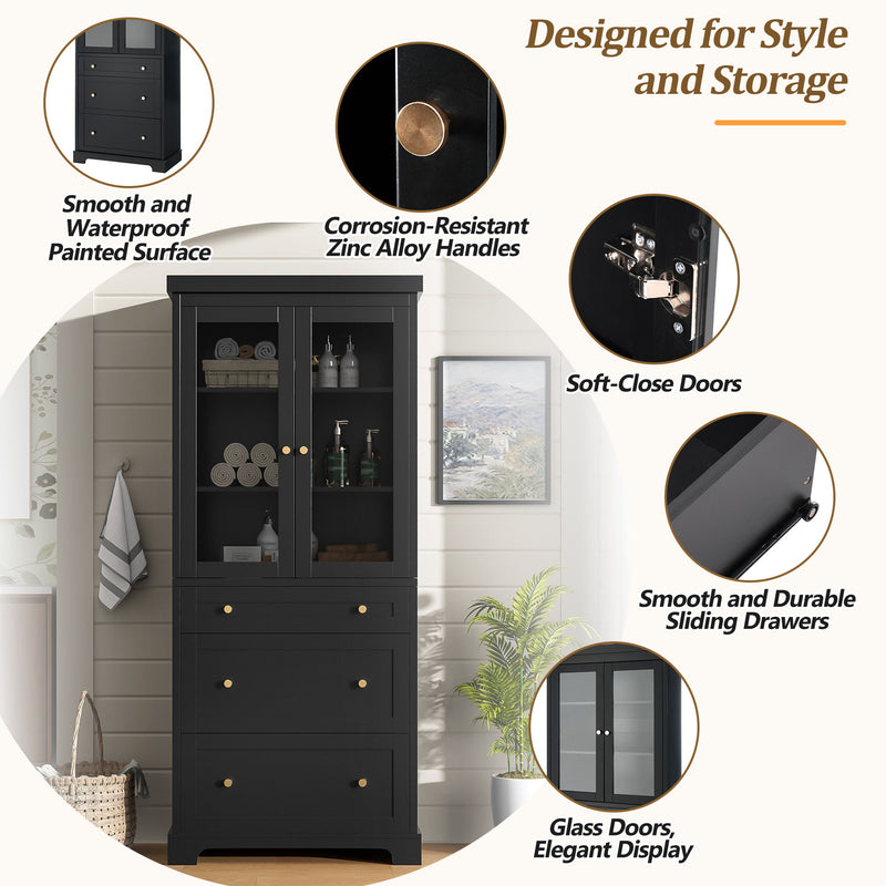 Freestanding Tall Bathroom Cabinet With Adjustable Shelves, Drawers, Soft Close Glass Doors - Black