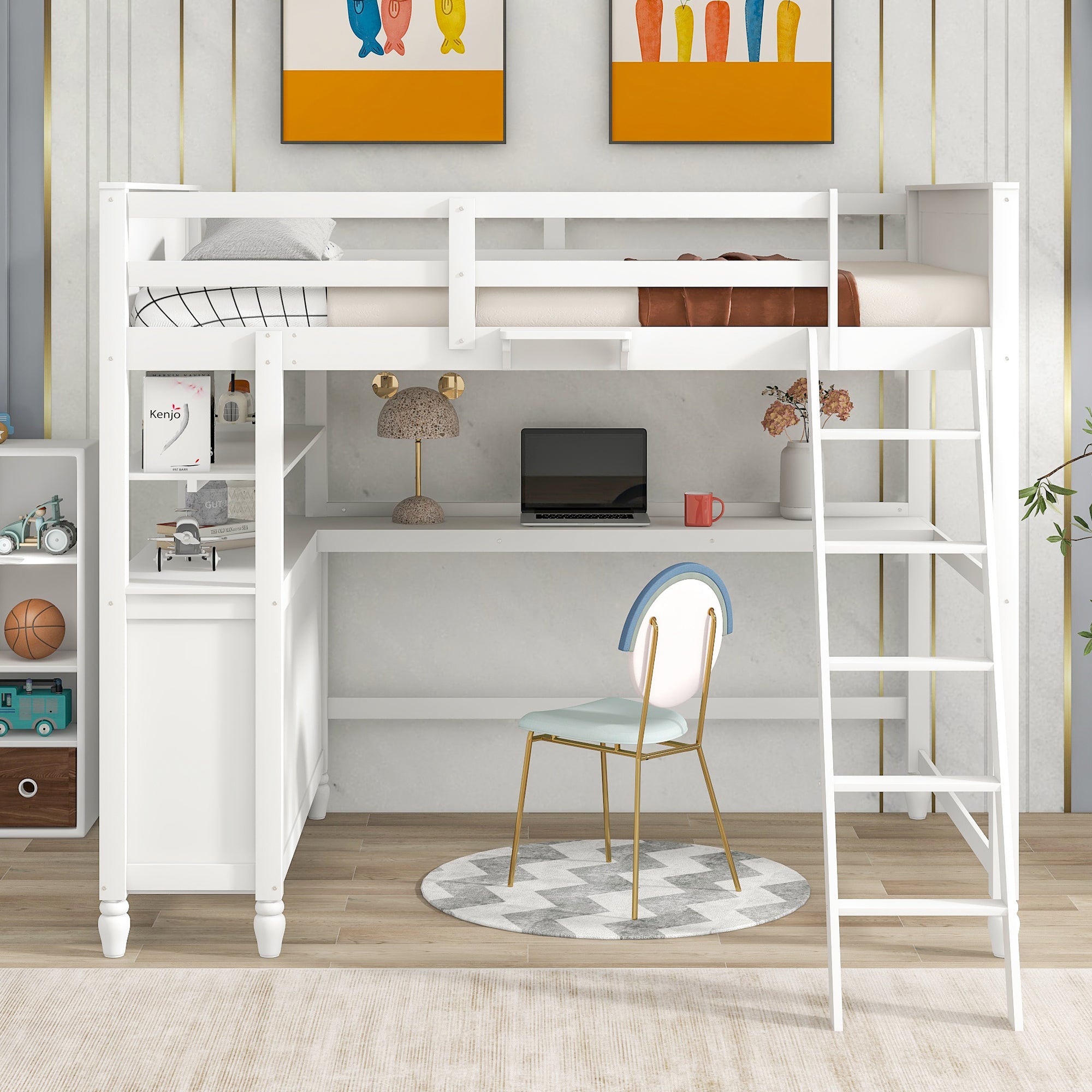 Full size Loft Bed with Drawers and Desk, Wooden Loft Bed with Shelves - White(OLD SKU:LT001529AAK) - Atlantic Fine Furniture Melbourne FL