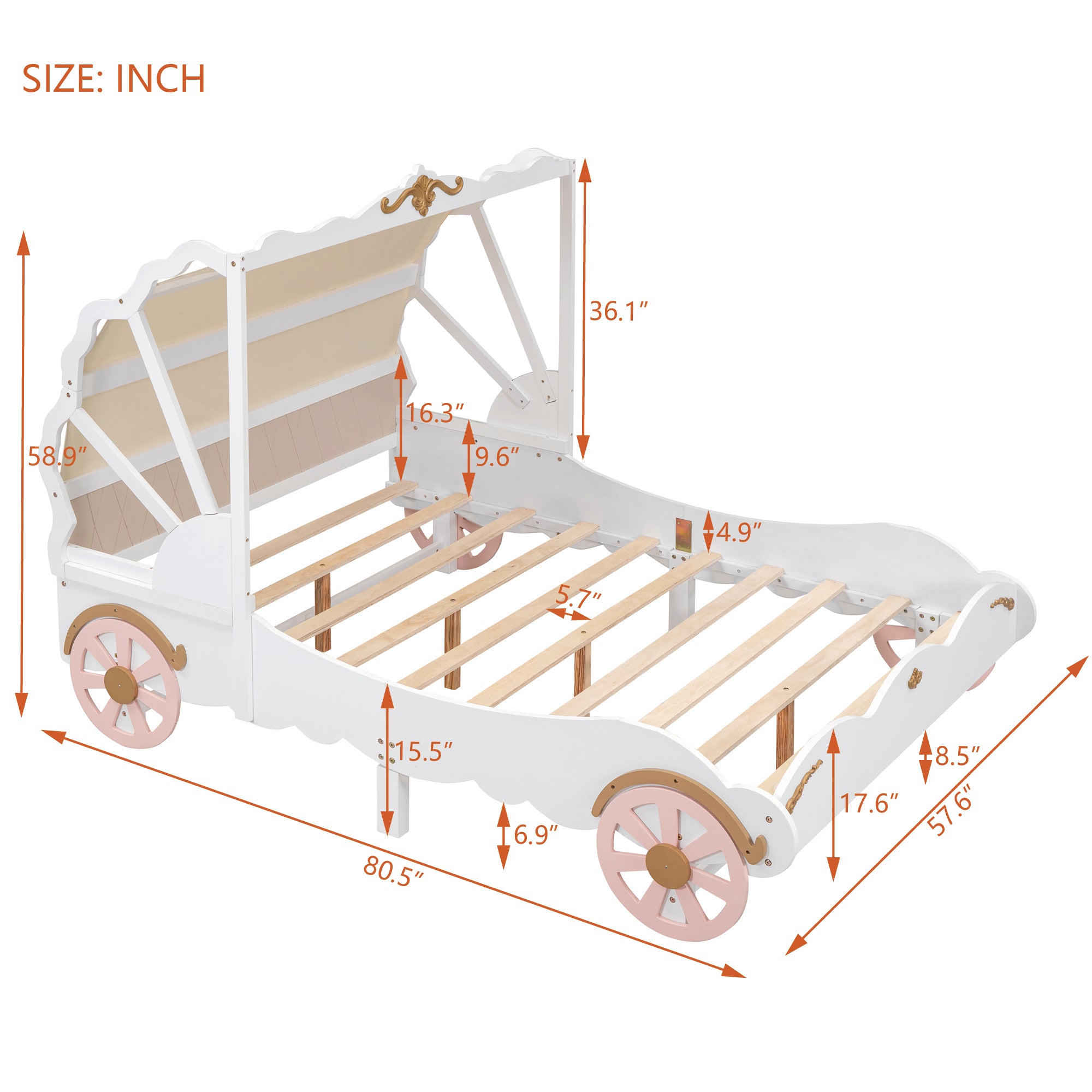 Full Size Princess Carriage Bed with Canopy, Wood Platform Car Bed with 3D Carving Pattern, White+Pink+Gold - Atlantic Fine Furniture Melbourne FL