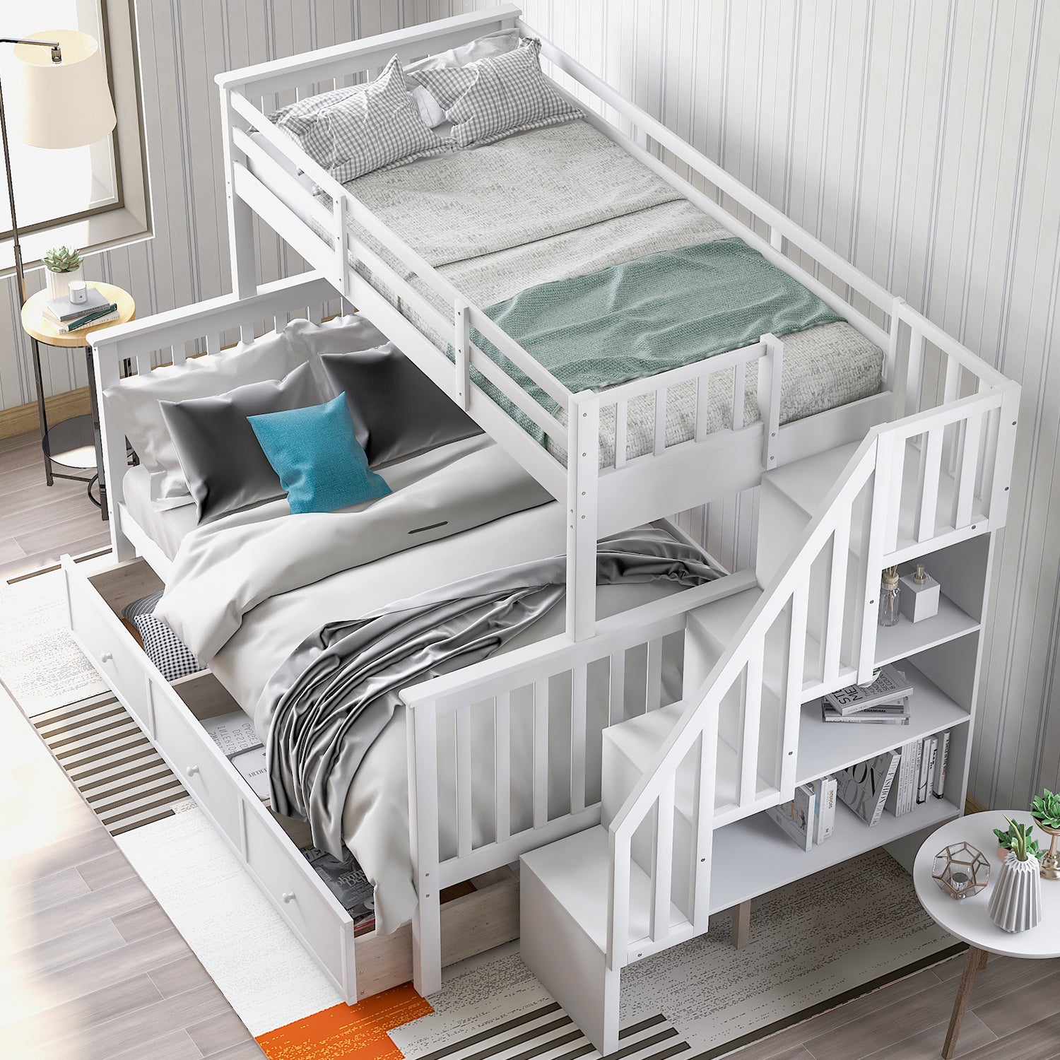 Stairway Twin-Over-Full Bunk Bed with Drawer, Storage and Guard Rail for Bedroom, Dorm, for Adults, White color(OLD SKU :LP000219AAK) - Atlantic Fine Furniture Melbourne FL