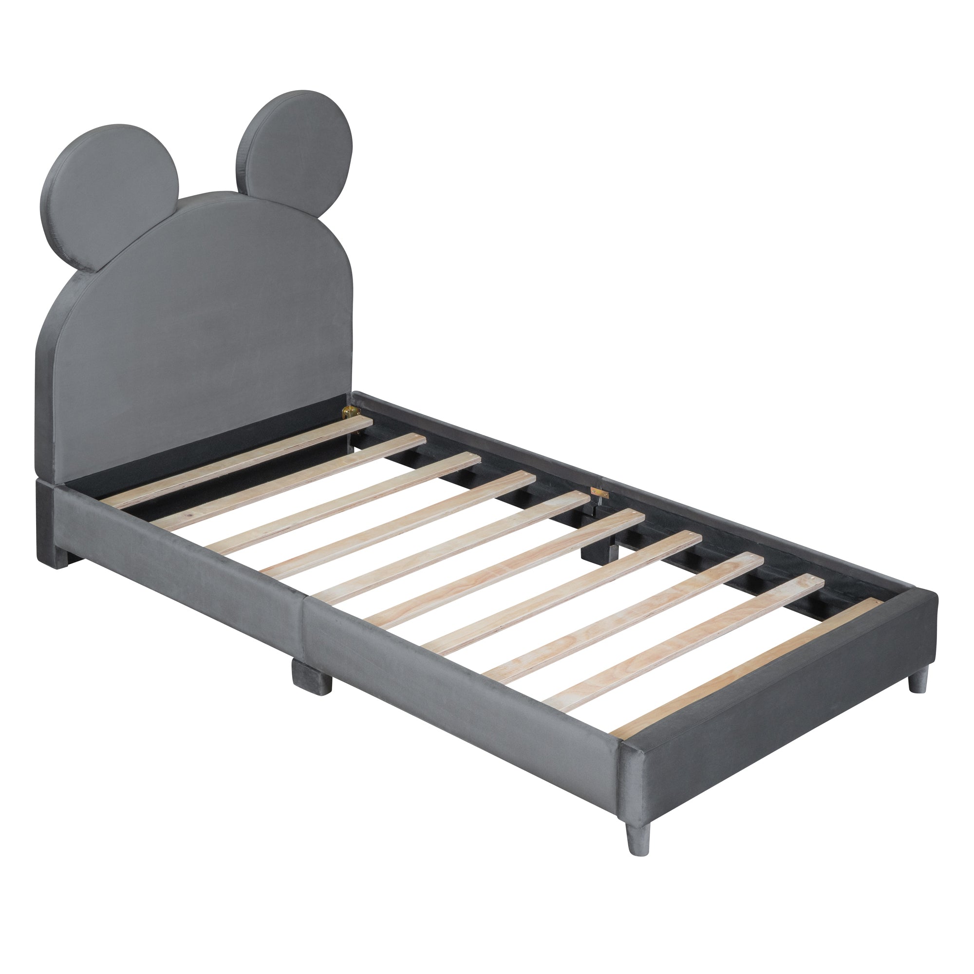 Twin Size Upholstered Platform Bed with Bear Ear Shaped Headboard, Gray - Atlantic Fine Furniture Melbourne FL