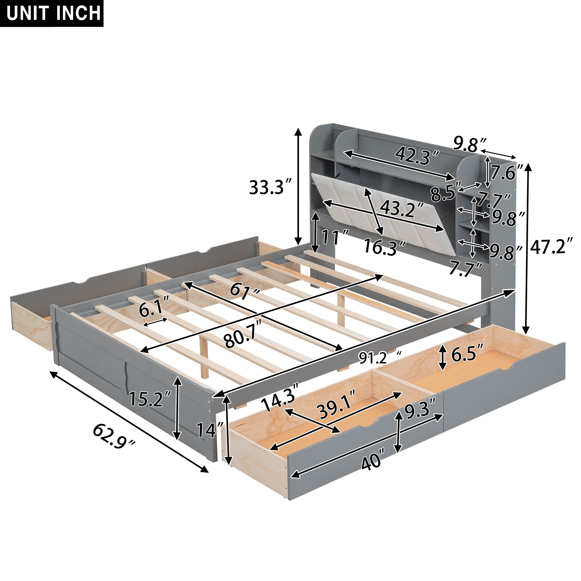 Wood Queen Size Platform Bed with Storage Headboard, Shelves and 4 Drawers, Gray - Atlantic Fine Furniture Melbourne FL