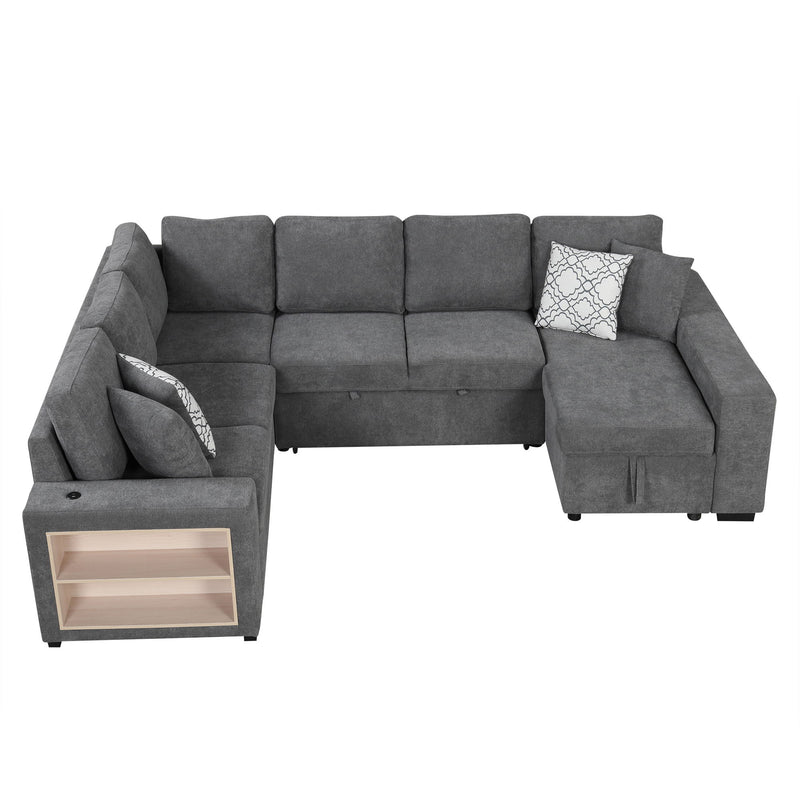 U-Shaped Sectional Sofa Pull-Out Sofa Bed With Two USB Ports, A Storage Chaise Lounge And Four Back Pillows For Living Room