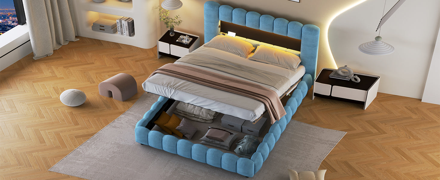 Queen Size Upholstered Platform Bed with LED Headboard and USB, Blue - Atlantic Fine Furniture Melbourne FL