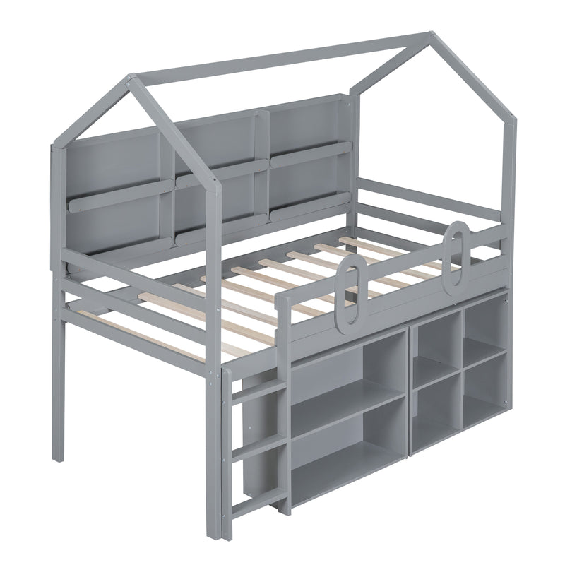 Twin Size House Loft Bed with Multiple Storage Shelves, Grey