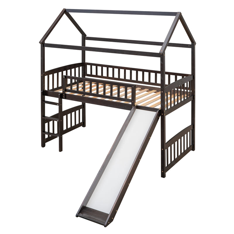 Twin Loft Bed with Slide, House Bed with Slide,Espresso(OLD SKU :LT000212AAP)