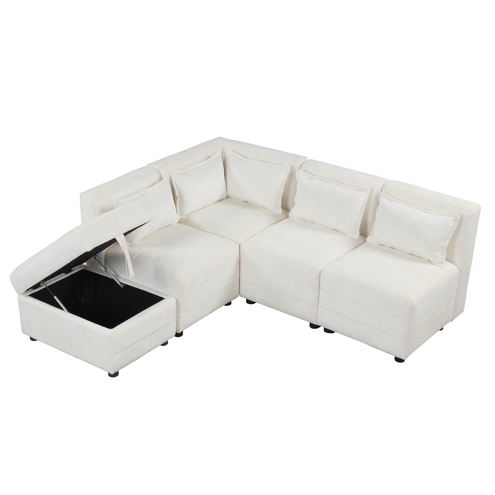 Free-Combined Sectional Sofa 5-seater Modular Couches with Storage Ottoman, 5 Pillows for Living Room, Bedroom, Office, Cream