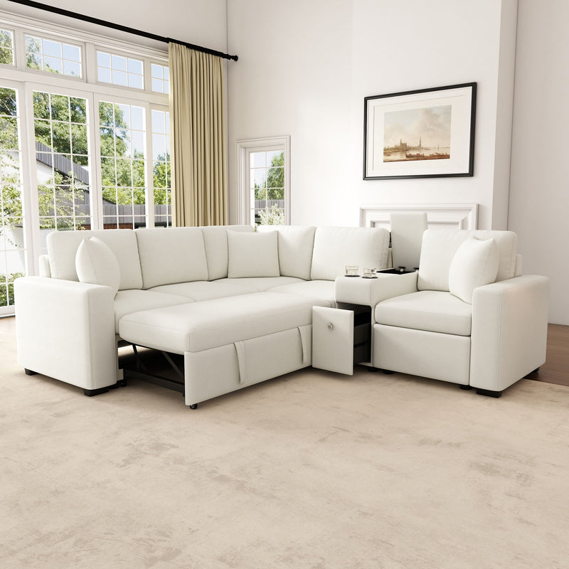 Contemporary L Shaped Convertible Sofa Bed With Pull Out Bed, Cup Holders, And Storage