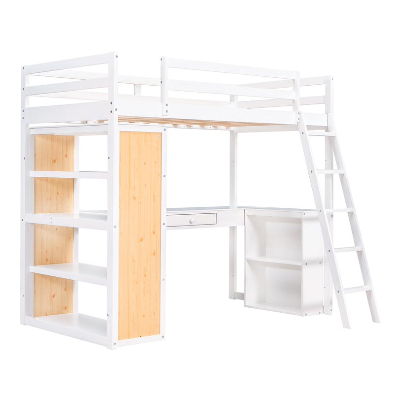 Twin Size Loft Bed with Ladder, Shelves, and Desk, White(OLD SKU:LT000225AAK)