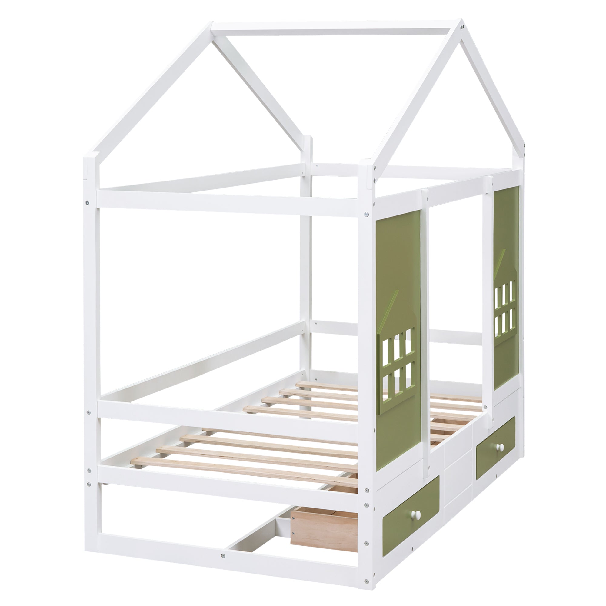 Twin Size Wood House Bed with 2 Drawers and Window Decoration, White+Olive Green - Atlantic Fine Furniture Melbourne FL