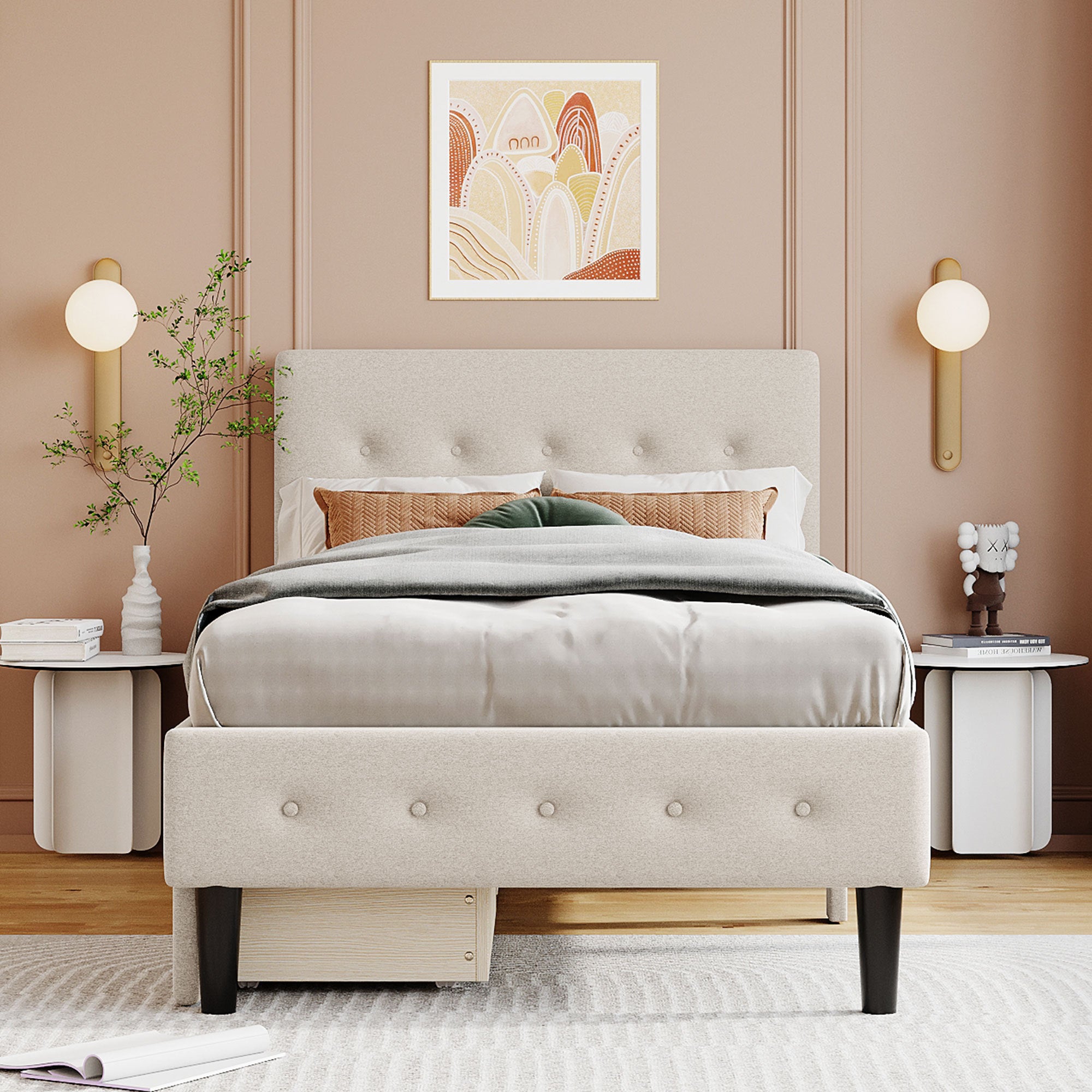 Twin Size Upholstered Platform Bed with 2 Drawers, Beige - Atlantic Fine Furniture Melbourne FL