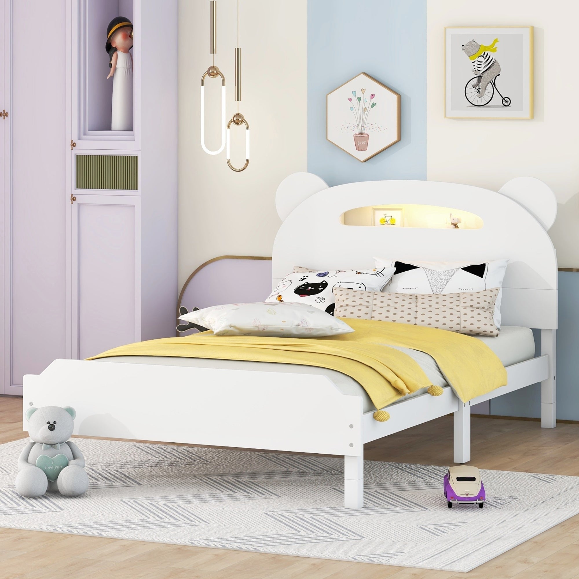 Twin Size Wood Platform Bed with Bear-shaped Headboard,Bed with Motion Activated Night Lights,White - Atlantic Fine Furniture Melbourne FL