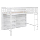 Full Size Loft Bed with 8 Open Storage Shelves and Built-in Ladder, White