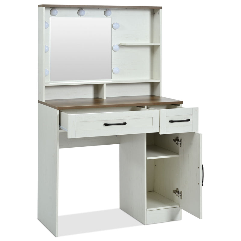 Farmhouse Makeup Vanity Desk With Mirror And Lights, 3 Lighting Modes, Vanity Set With Stool, Dressing Table With Adjustable Shelves, 2 Drawers And Side Cabinet For Bedroom - White