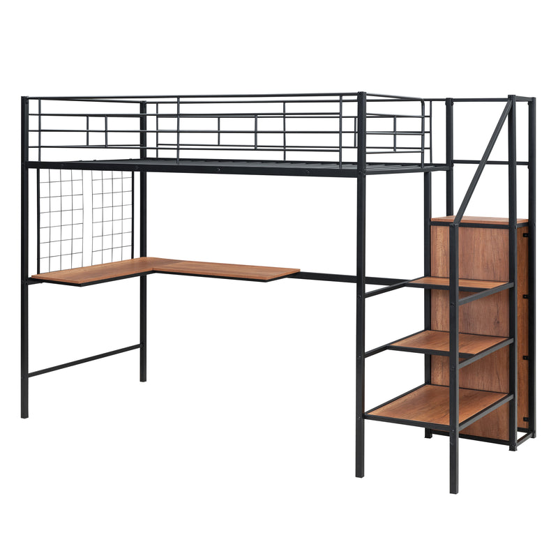 Twin Size Metal Loft Bed with Desk and Metal Grid, Stylish Metal Frame Bed with Lateral Storage Ladder and Wardrobe, Black