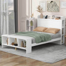 Full Size Platform Bed with built-in shelves, LED Light and USB ports, White
