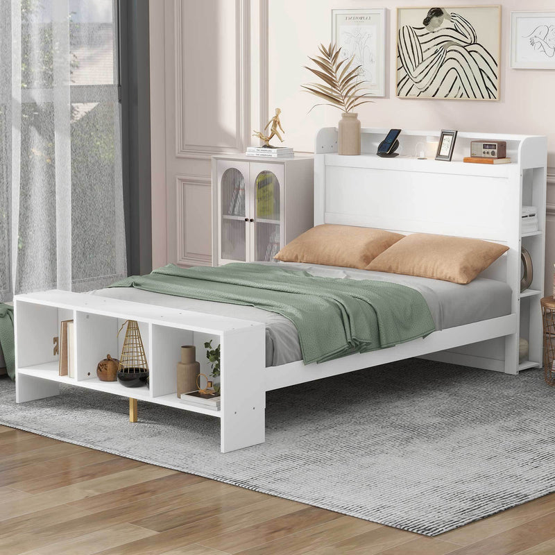 Full Size Platform Bed with built-in shelves, LED Light and USB ports, White