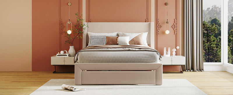 Full Size Storage Bed Velvet Upholstered Platform Bed with a Big Drawer - Beige