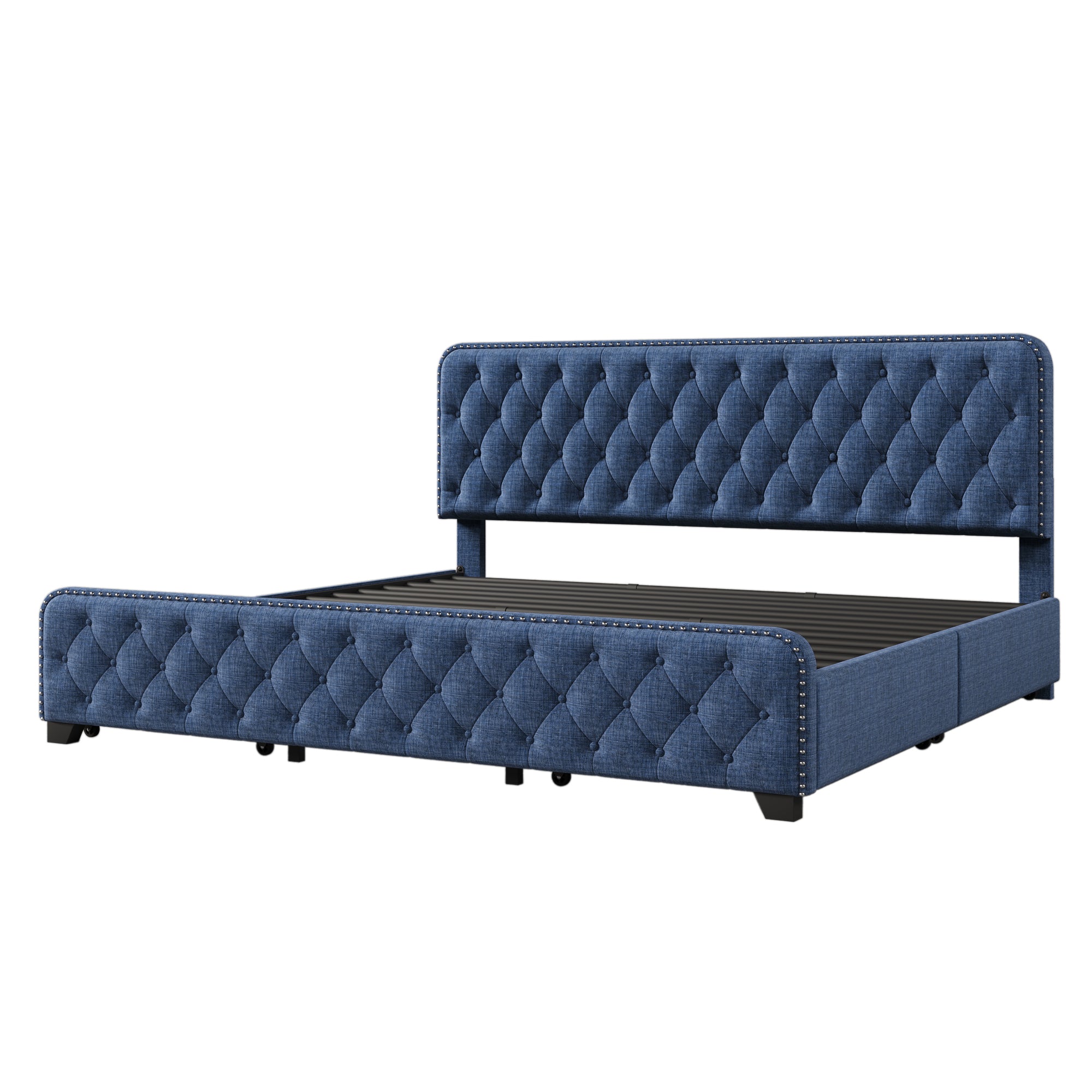 Upholstered Platform Bed Frame with Four Drawers, Button Tufted Headboard and Footboard Sturdy Metal Support, No Box Spring Required, Blue, King (Old sku: BS300277AAC) - Atlantic Fine Furniture Melbourne FL