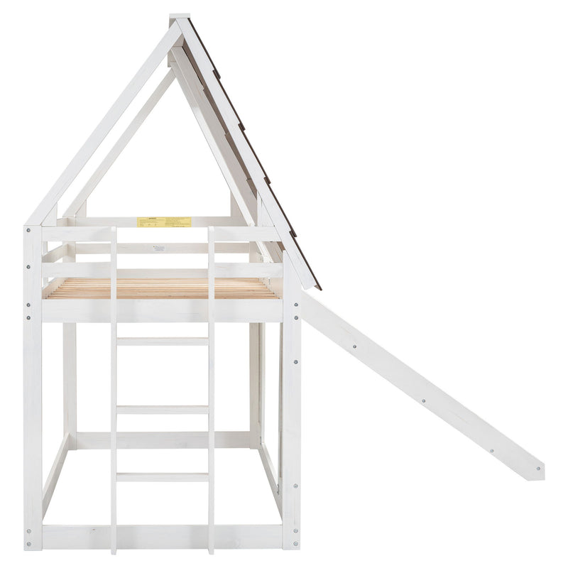 Wood Twin Size House Bunk Bed With Roof, Ladder And Slide - White / Brown